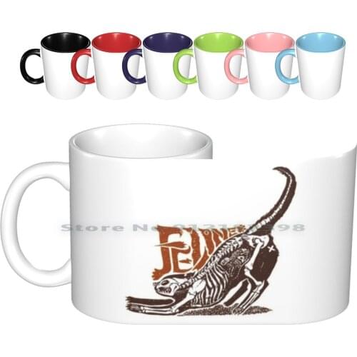 Feline Cat Skeleton Profile Ceramic Mugs Coffee Cups Milk Tea Mug Feline Cat Skeleton Fish Meow Distressed Cat Litter Shia