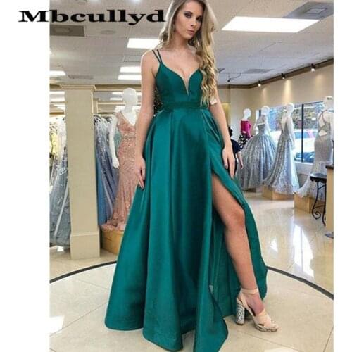 Mbcullyd Dark Green Prom Dresses With V Neck 2020 Luxury Satin Cheap Under 100 Sexy Split Long Evening Dress Party For Women