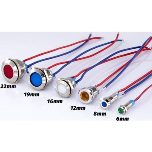 6/8/12/16/19/22mm Metal LED Warning indicator light Waterproof IP67 Signal Lamp Pilot Wires switch 3V 5V 12V 220V Red Blue