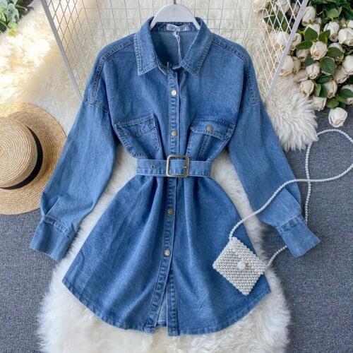 Fashion Women Jeans Dress Long Sleeve Autumn Short Bandage Dress Ladies Black Blue Denim Dress Female Shirt Dress