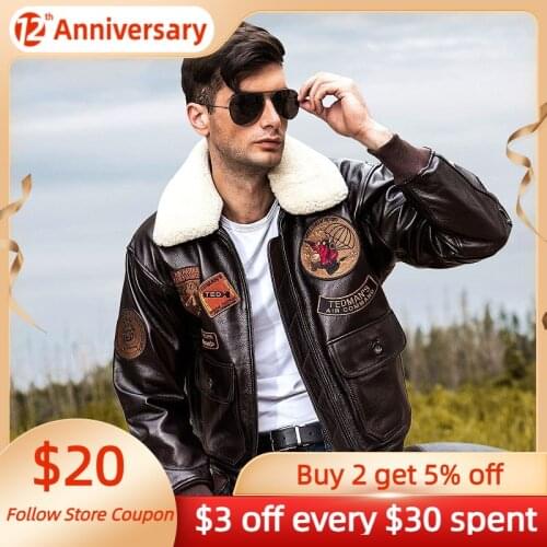2021 Brown Men USAF Pilot Leather Jacket Wool Collar Europe Size XXL Genuine Thick Cowhide Winter Military Aviation Coat