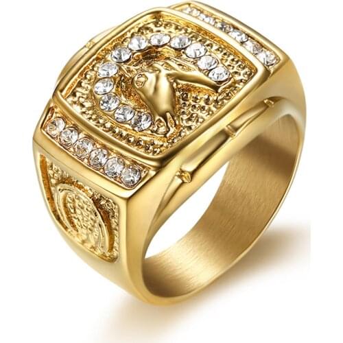 Hip Hop Iced Out Bling Gold Color Stainless Steel Ring Male Micro Paved CZ Horse Head Rings for Men Jewelry Gift Dropshipping