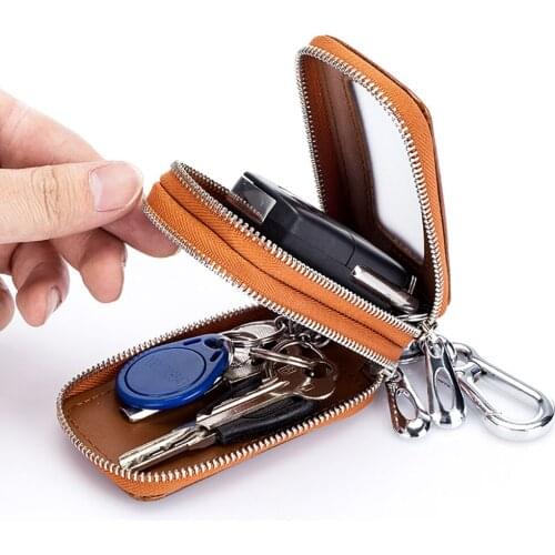 Men Genuine Leather Key Wallet Double Zipper Women Car Key Holder Multifunctional Housekeeper Unisex Motor Key Case Organizer