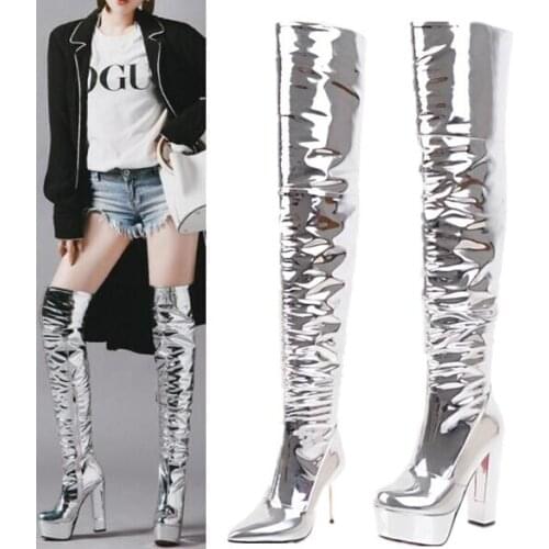 New Patent Leather Sliver Pleated Over The Knee Platform Boots Sexy Stage Performance Walk Show Night Club Thigh boots Woman