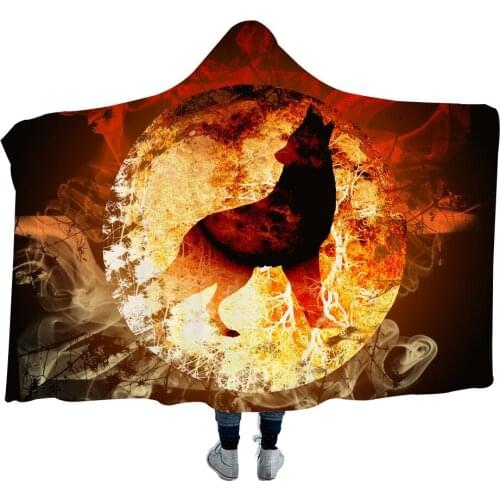 Fire Snow Wolf Hooded Blankets Cloak Thick Warm Hooded Blankets for Adult Children Washable Warm Bed Velet Fleece Throw Blankets