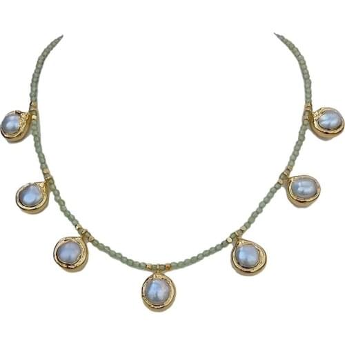 YYGEM Natural faceted round Green Peridot gold filled White freshwater Pearl Charm 17"Choker Necklace