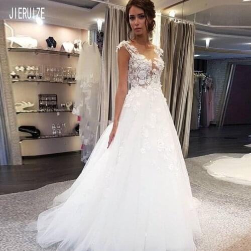 JIERUIZE Beach Wedding Dresses Sheer Scoop Neckline Cap Sleeves 3D Floral Appliques Button Back Vestido De Noiva Bridal Dresses