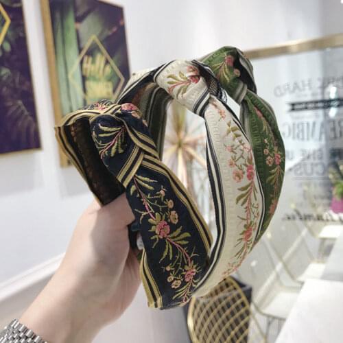 Korean Floral Embroidery Cross Hairband Headband Turban for Women Girls Wide Plastic Hair Hoop Bezel Hair Bands Hair accesories