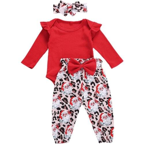 2020 Christmas Newborn Baby Girls Clothing Set Toddler Long Sleeve Round Collar Top + Santa Leopard Print Pants + Headband 0-24M