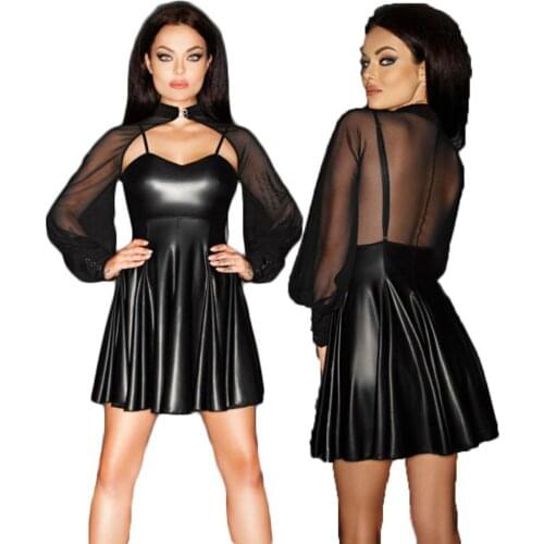 Sexy Black Mesh Mini Vinyl Dresses Backless Wetlook Kleid Vinyl Leather Clubwear Puff Sleeve Club Transparent Night Club Dress