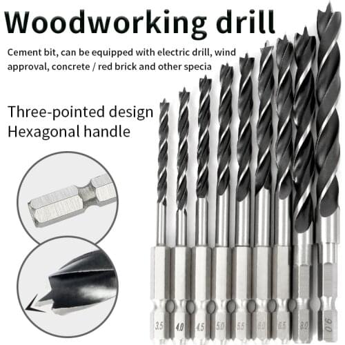 Hexagonal shank three-point woodworking drill bit perforating support drill electric drill rotary head wood plank hole special