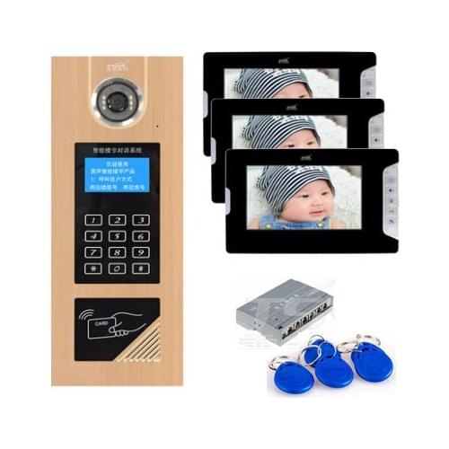 XinSiLu Visual building intercom system doorbell 7" Video Door Phone w/t Inductive and Password Unlocking for 3-apartments