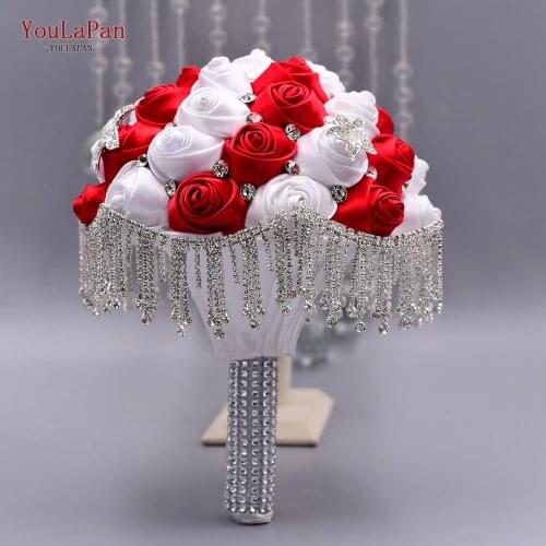 YouLaPan SF4-WRD Gorgeous Wedding Flowers Bridal Bouquets Crystal Sparkle Red Rose Bridal Bouquet Holders with Tassel