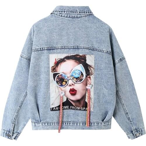 Streetwear Style Patch Designs Print Women Denim Jacket Coat Diamonds Sequins Jeans Outwear Female Casual Loose Cowboy Outerwear