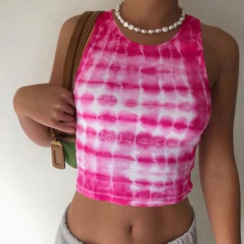 Ladies Summer Tie Dye Printing Pullovers Women Sleeveless Round Collar Crop Top Women Slim Fit Vest Casual Clubwear Female