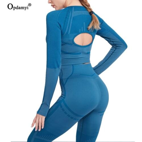 Ladies Seamless Backless Yoga Set Gym Clothes Sports Crop Top Long sleeve High Waist Leggings Women Running Workout Fitness Wear