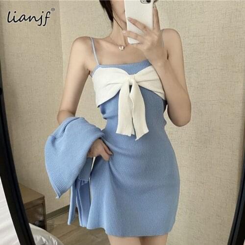 Sexy 2021 Two Piece Sets Women Western Style Knitted Cardigan+bow-knot Bag Hip Sling Dress Knit Suspender Dress Womens Clothing
