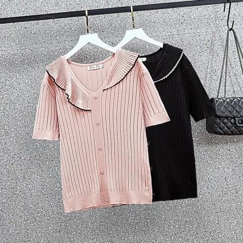 XL-3XL Large size ladies summer Oversized women sweater short sleeve T-shirt fashion ruffle thin knitting pullover T-shirt top