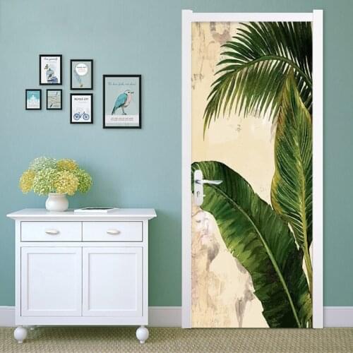 3D Door Sticker Tropical Plant Green Banana Leaves Photo Wallpaper For Living Room Bedroom Door Decor PVC Self Adhesive Stickers