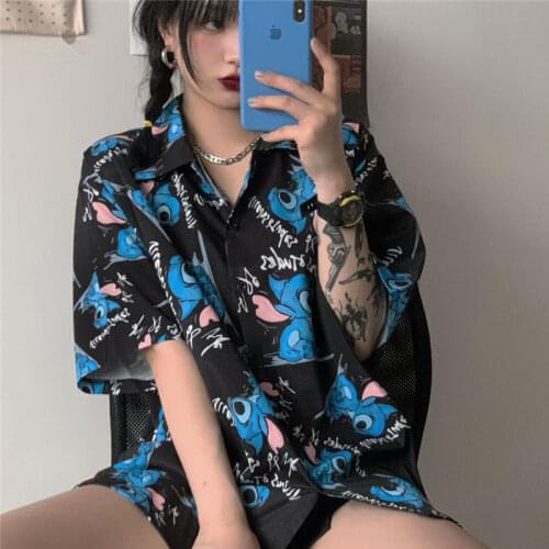 Summer Harajuku Kawaii Women Shirt Ins Vintage Cartoon Print Blouse Female Casual Loose Short Sleeve Button Up Shirt Tops Mujer
