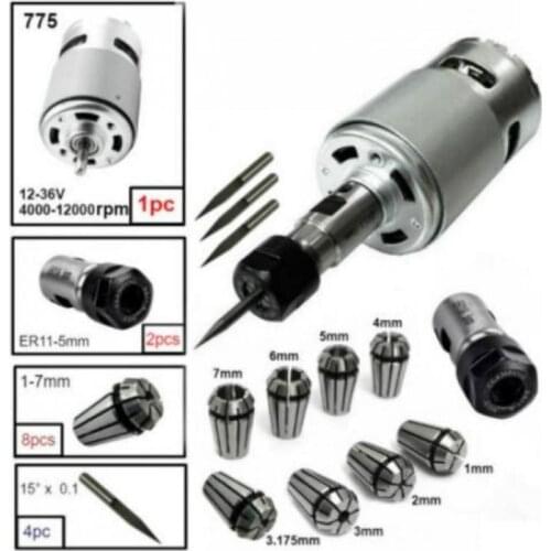 775 DC Motor 12-36V Ball Bearing Spindle Motor with ER11 Extension Rod Carving Knife for CNC Router Machine 1610/ 2417/ 3018