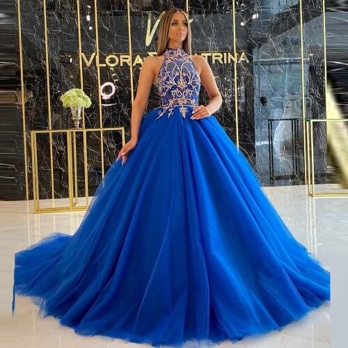 Elegant Halter Blue Prom Dresses Beads Crystals Formal Dress Abendkleider Applique Evening dress Party Gowns Robe de soiree