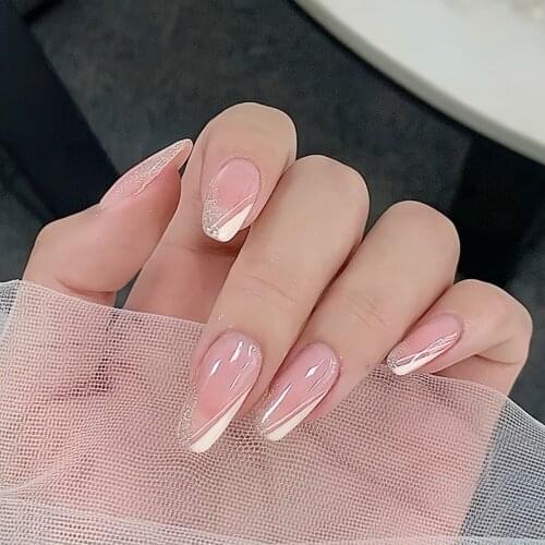 24Pcs Long Ballerina Shape Artificial Fake Nails With Design Gradient Pink French False Nails DIY Finger Manicure Tool