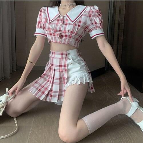 Preppy Style 2 Piece Sets Womens Outfits Harajuku Summer Irregular Plaid Pleated Skirt Short Tops Sweet Girl Cute Outfits