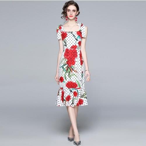 Summer Fashion Runway Mermaid Dress Womens Bow Spaghetti Strap Vintage Dot Floral Print Sexy Sheath Party Dress k8666