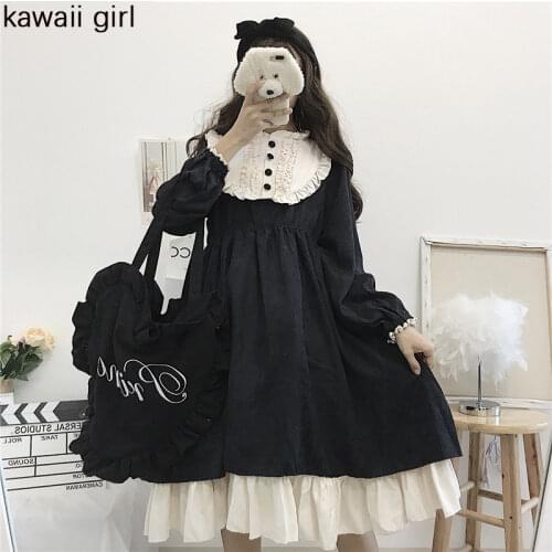 Kawaii Japanese Lolita Patchwork Dress Women Cute Soft Sister Long Sleeve Black Vintage Loose OP Lolita Dress Autumn Midi Dress