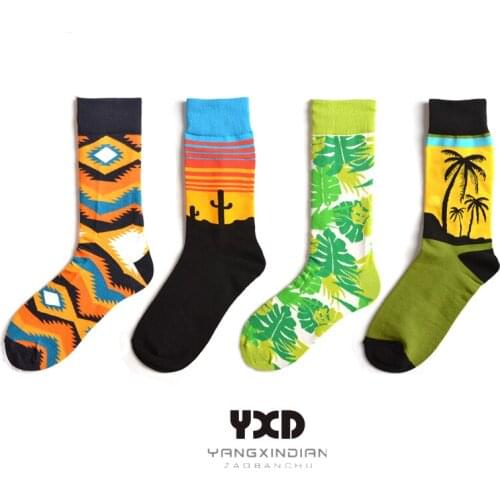 5 Pairs/Mens Socks Men Cotton Colorful Creative Pattern Long Socks Man Street Hip Hop High Socks With Print Cactus Coconut Draw