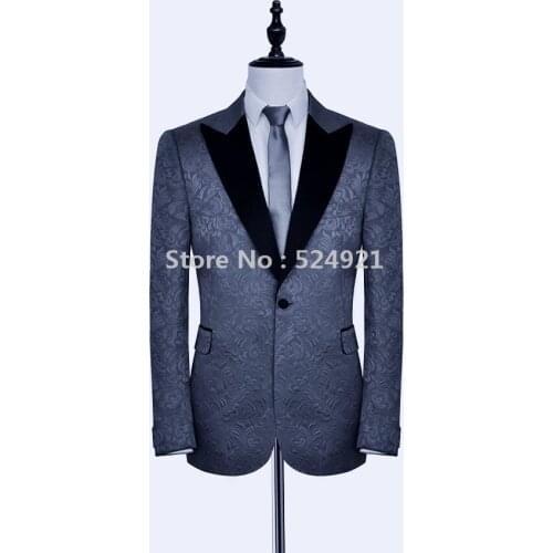 Newest Groomsmen Navy Blue Pattern Groom Tuxedos Peak Lapel Men Suits Side Vent Wedding/Prom Best Man ( Jacket+Pants+Tie ) C282