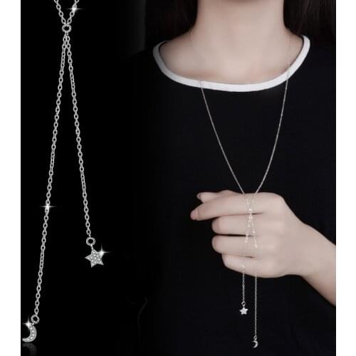 New Arrival Silver color Jewelry Crystal Zircon Star Moon Long Statement kolye Necklace For Women Clavicle Chain collares