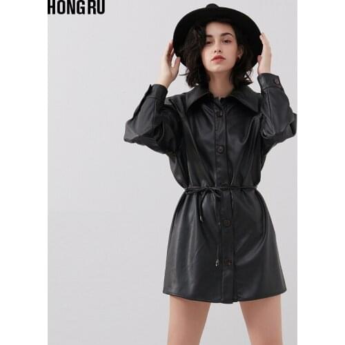 Single breasted Pu leather jacket female Locomotive long pu leather outerwear was thin lapel colalr pu leather jackets F2020