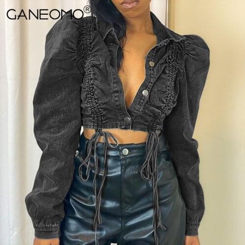 Casual Pleated Button Jeans Jacket Women Spring Autumn Active Street Style Hot Selling Drawstring Fashion Denim Jacket Tops 2021