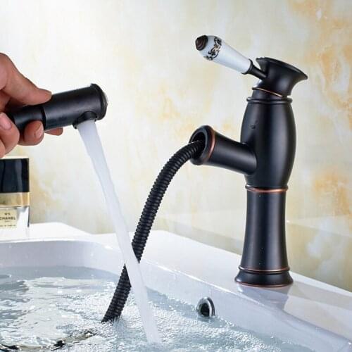 Retro Europe Style Hot Cold Water Basin Faucet Mixer Bathroom Black Faucet Pull Out with Diamond on Spout