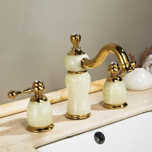 Luxury Gold Brass Natural jade Bathroom Sink Faucet Golden Art Basin Mixer Taps Three holes Lavatory Faucet,Gold Finish--SM522