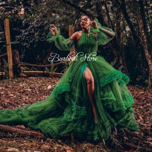 Garden Dark Green Halter Mesh Party Dress Sexy High Split Ruffles Puffy Prom Ball Gowns For Black Girls Ling Puff Sleeves Women