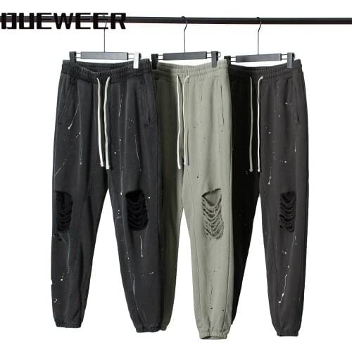 Dueweer Hip Hop Splash Ink Joggers Pants Knee Hole Ripped Sweatpants Mens Women Trend Fashion Baggy Jogger Pants Streetwear