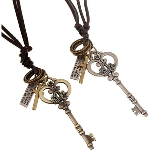 Vintage Retro Crown Key Necklace Adjustable Leather Long Chain Alloy Heart Cross Pendant Casual Choker for Women Fashion Jewelry