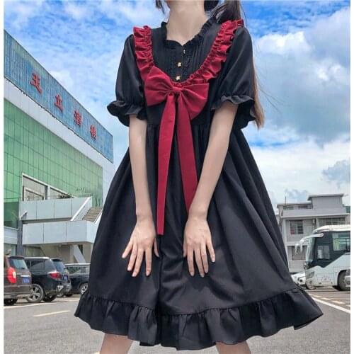Japanese Dark Sweet Bow Slimming Dress Women Summer 2020 New Style fairy dress tea party lolita dress sweet lolita doll
