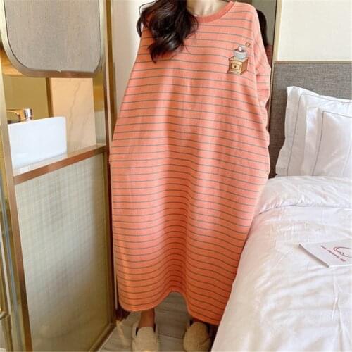 Cotton striped nightdress womens autumn winter thickened robe loose plus size pregnant womens home service net red dress