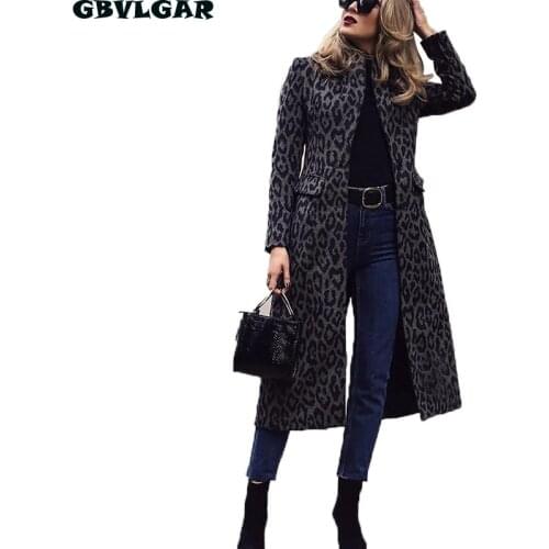 Women Fashion Turn Down Collar Coat Black Leopard Printed Winter Warm Wide Female Jackets Wind Coat Cardigan Long Cardigan Coat