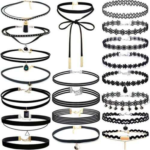 20pcs Women Choker Lace Necklace 90s Inspired Gothic Lolita Punk Choker Tattoo Choker Black Lace Suede Lace Flower Steampunk