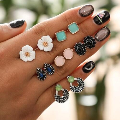 2020 Cheapest Vintage Stud Earring Set Mixed For Women Bohemian Silver Color Flower Crystal Statement Brincos