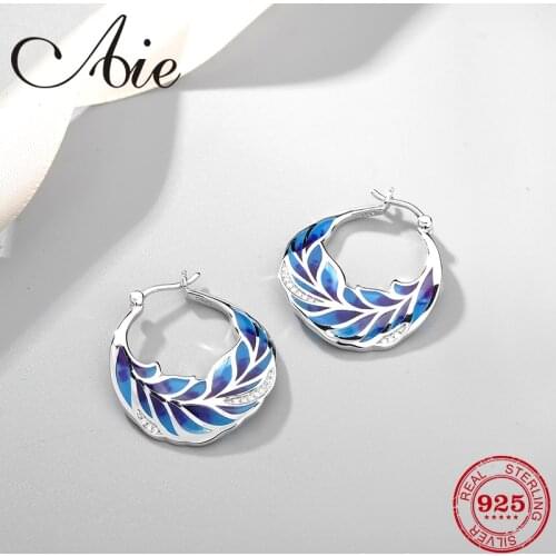 2018 Fashion round shape s925 Sterling Silver like leaf sea blue Enamel fine Hoop Earrings Party Jewelry