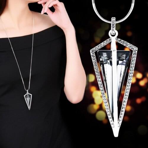 Silver Color Geometric Triangle Long Necklace Sweater Chain Fashion Metal Chain Crystal Flower Pendant Necklaces Adjusted