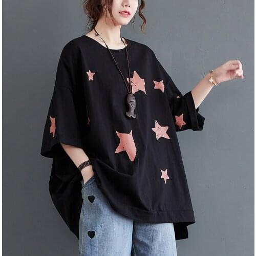 Pure Cotton Tshirt 2021 New Oversized Women Summer Casual T Shirts Loose Tops Korea Style Print Star Street Fashion Girl T-shirt