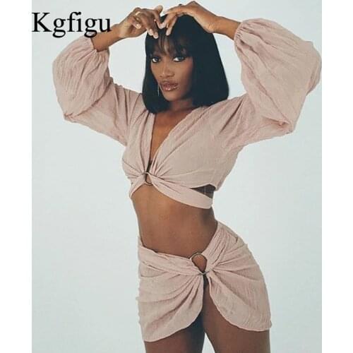 KGFIGU Two Piece Set Women 2021 Spring And Autumn Long Sleeve Crop Top And Stitching Skrit Fashionable Sexy Short Skirts Suits