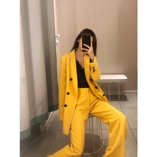 Yellow pant suits for women Loose Office lady suit blazer jacket women jacket yellow Double breasted suit women suits blazer set